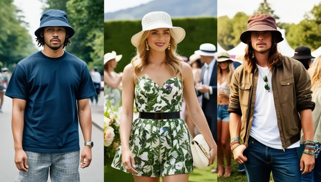 A styled image showing three individuals wearing different bucket hats in diverse settings.