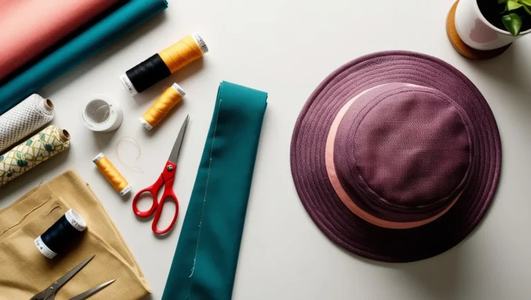 A top-down view of a sewing workspace with neatly laid-out materials alongside a finished bucket hat in a simple, trendy design