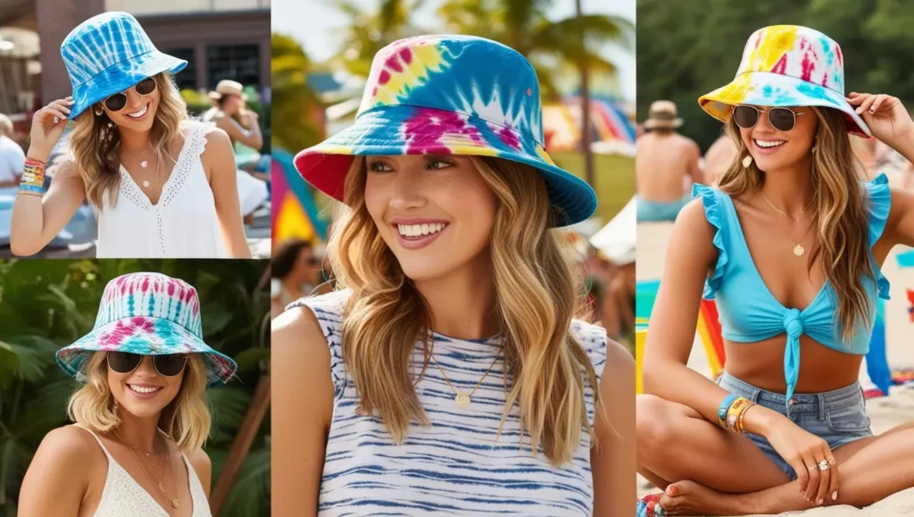 A vibrant collage of images showcasing different styles of tie-dye bucket hats worn in various settings