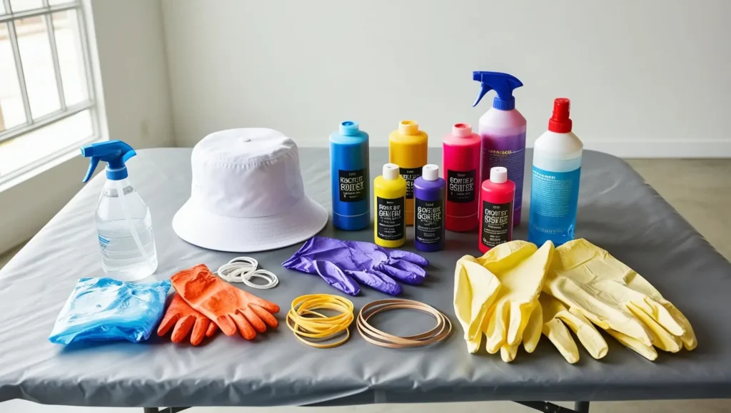 A well-organized setup of tie-dye materials on a flat surface