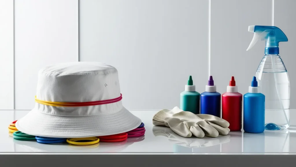 A white cotton bucket hat rolled and tied with rubber bands on a protected workspace Articles Your Bucket Hat