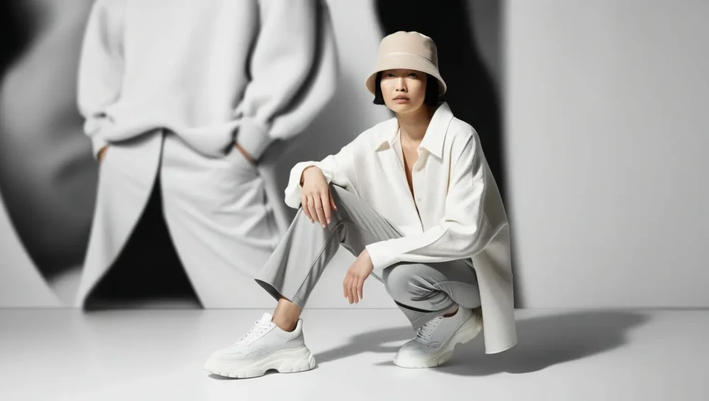 An image featuring a person wearing a neutral-toned bucket hat paired with straight-leg pants, an oversized shirt, and sneakers, emphasizing a gender-neutral, androgynous style.