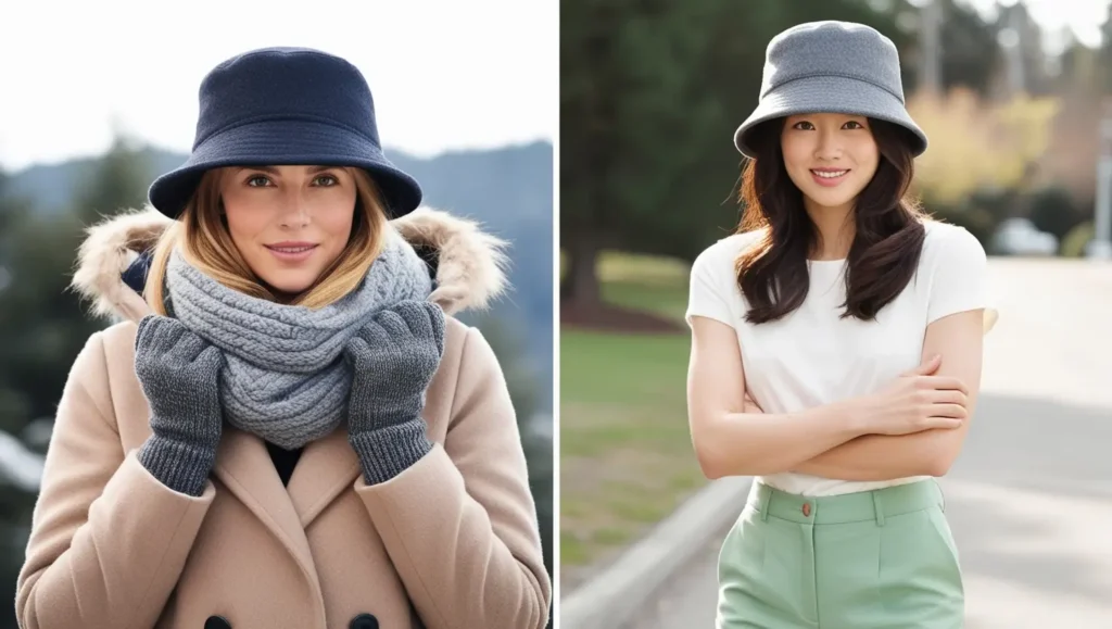 An image featuring a person wearing a wool bucket hat, bundled up in a coat and scarf for winter, alongside another with a spring or summer look.