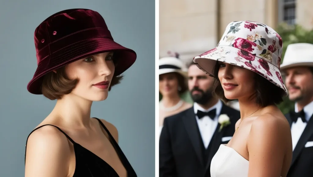 An image featuring a velvet or satin bucket hat worn with a tailored suit or evening dress, highlighting how a bucket hat can be styled for more formal occasions.