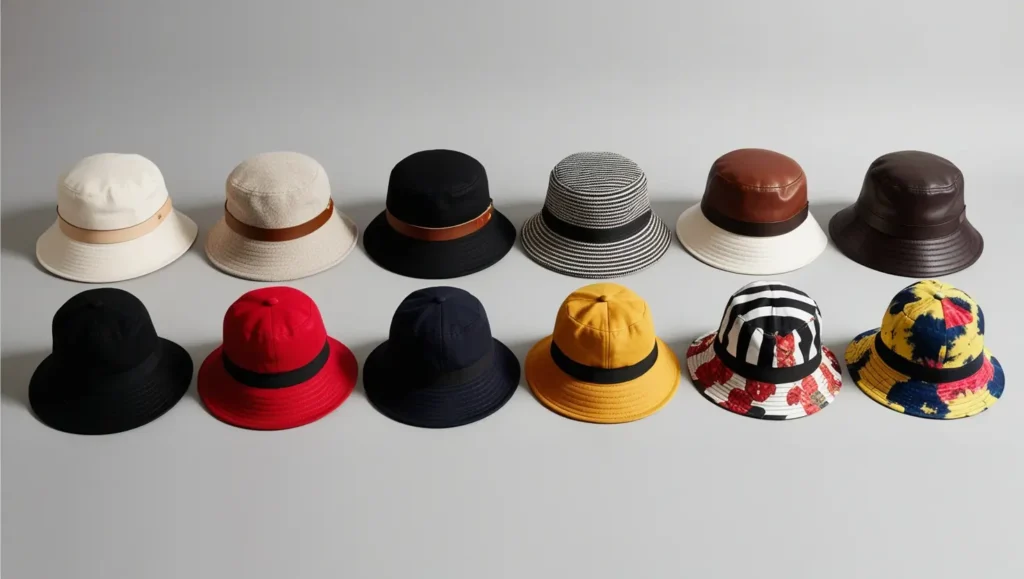 An image featuring multiple bucket hats arranged side by side, showcasing different materials.