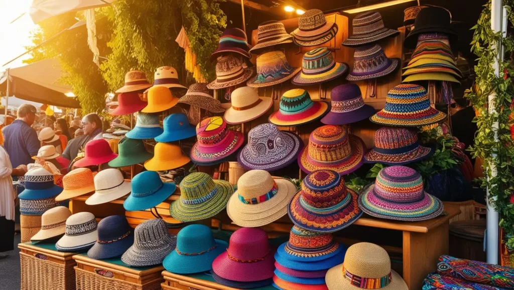 An image of a festival market stall displaying handcrafted bucket hats with vibrant colors and artistic patterns