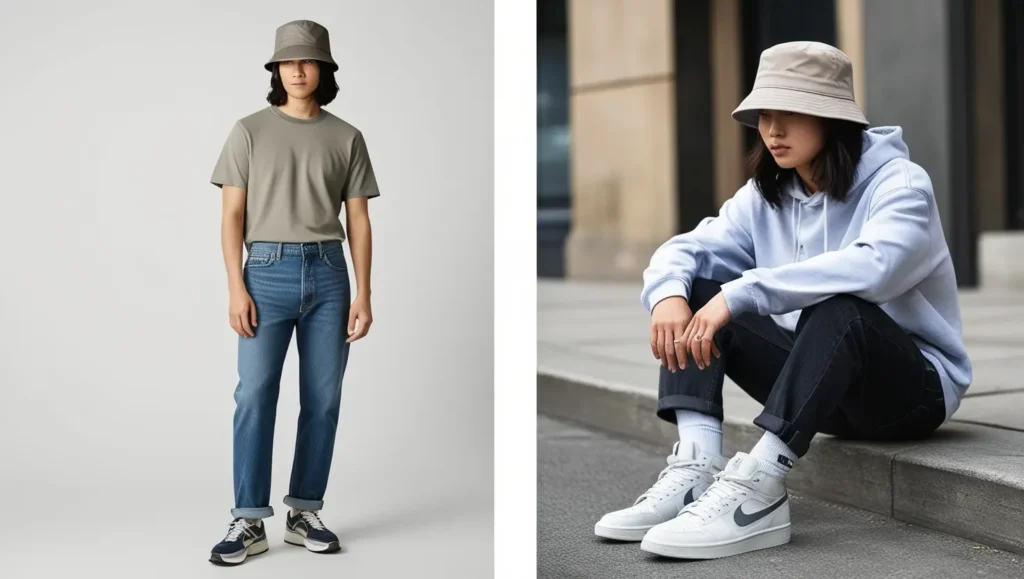 An image of a person casually dressed in a t-shirt and jeans, paired with a neutral bucket hat.