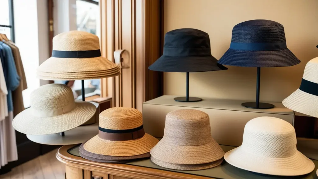 An image of a stylish boutique with a display of bucket hats possibly showing different materials and designs creating a cozy and personal shopping experience ambiance Articles Your Bucket Hat