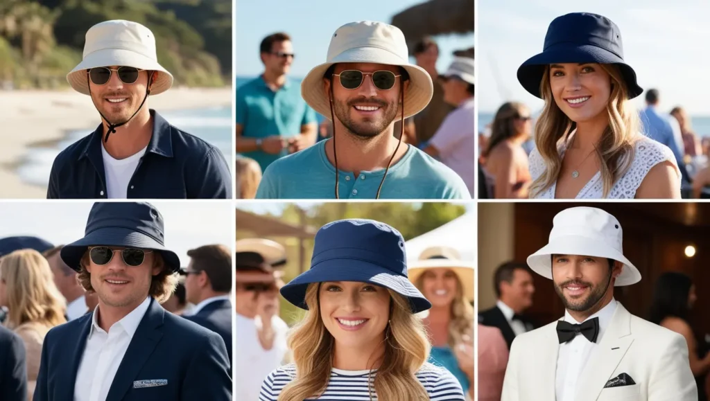 An image showcasing several people wearing bucket hats in different settings, such as at the beach, in a casual outdoor gathering, and dressed up at a special event.