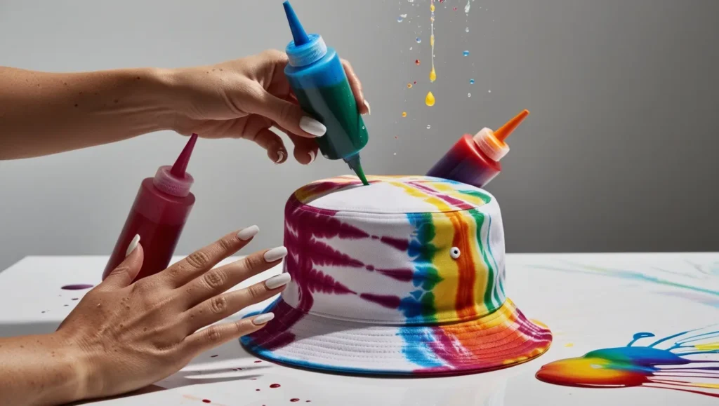 Close-up of hands applying tie-dye to a bucket hat using squeeze bottles