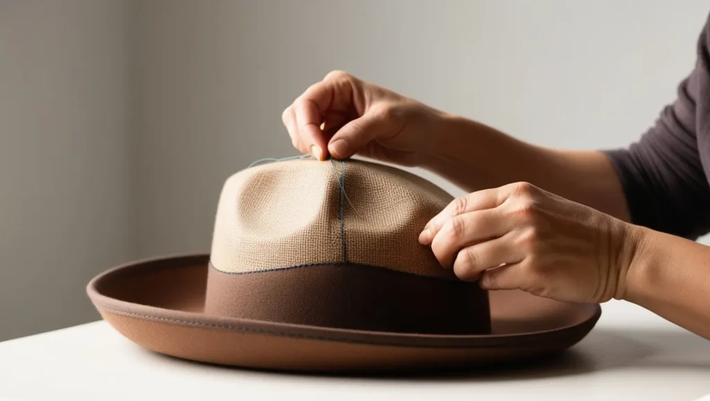 A close-up photo of the sewing process, showing the side band being attached to the crown with pins in place, and a sewing machine stitching along the seam. This helps visualize the construction of the hat.