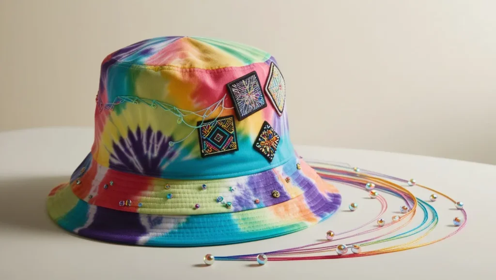 Colorful tie-dye bucket hat with additional customization options