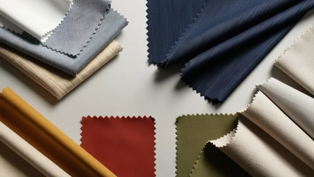 Display a variety of fabric swatches (cotton, denim, canvas, linen), highlighting their textures and colors to give readers a clear idea of how each material looks and feels.