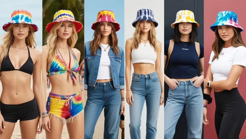 Group of people styled in various outfits, each wearing a colorful tie-dye bucket hat