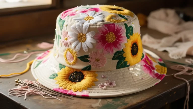 In the center, a stylish bucket hat in progress, showcasing vibrant floral patterns and a trendy design