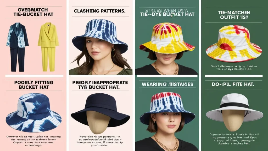 Infographic depicting common mistakes when styling a tie-dye bucket hat