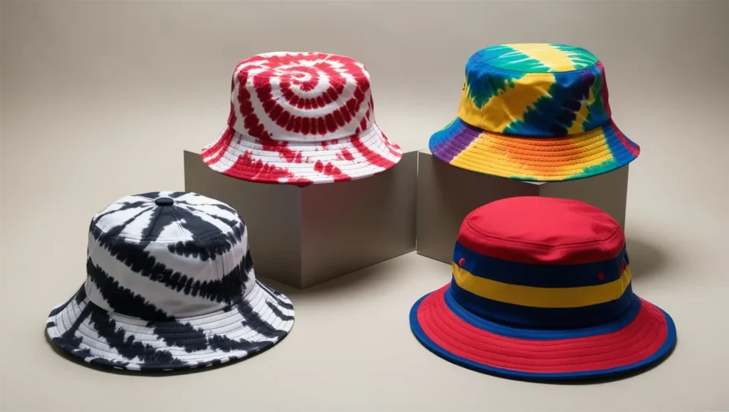 Several bucket hats with various tie-dye styles