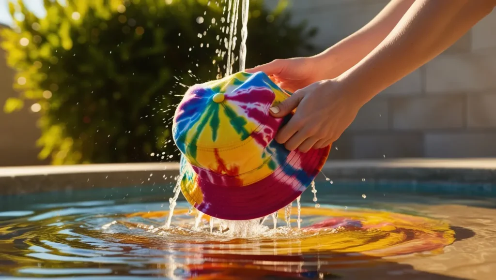 Vibrantly colored tie-dye bucket hat being rinsed under cold water